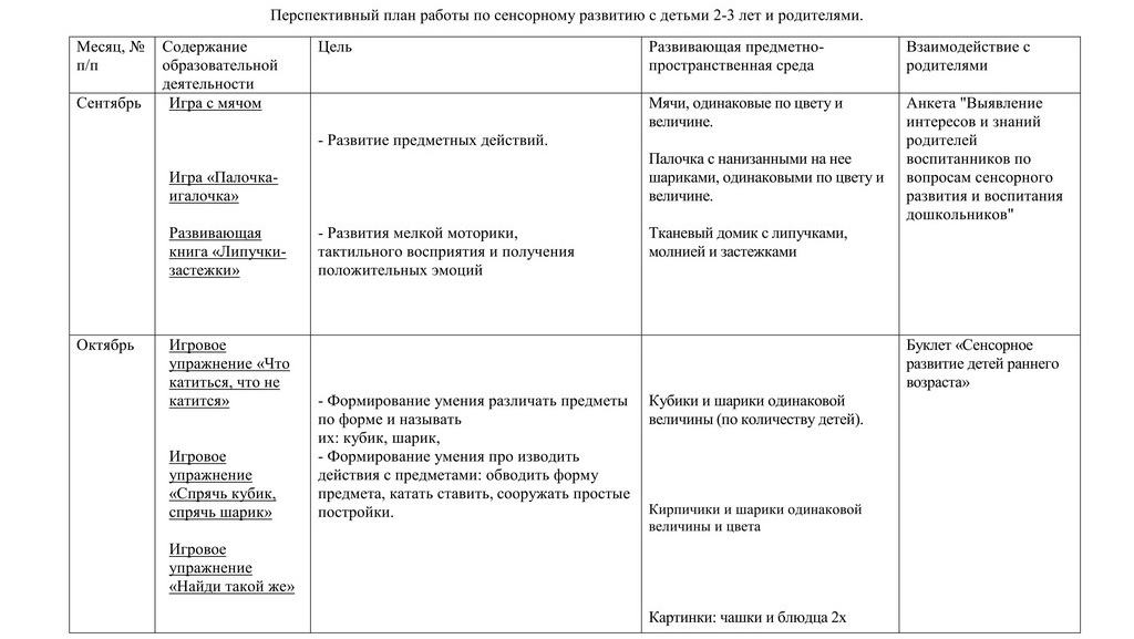 Перспективный план работы по сенсорному развитию с детьми 2 3 лет и родителями. 1